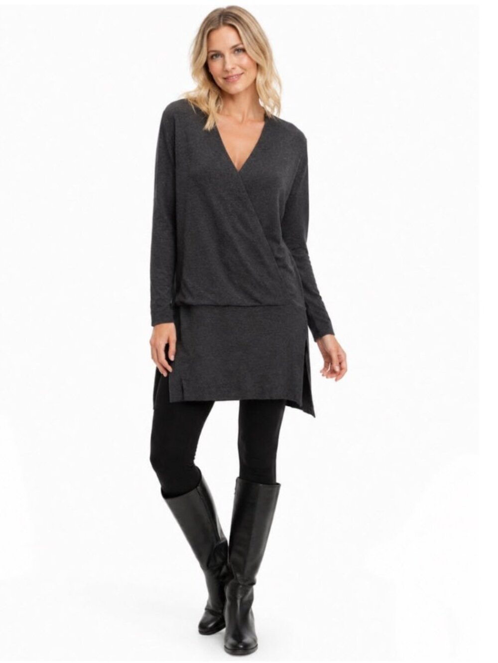 Eileen Fisher Charcoal Merino Wool Wrap Tunic V-Neck Side Slits XL